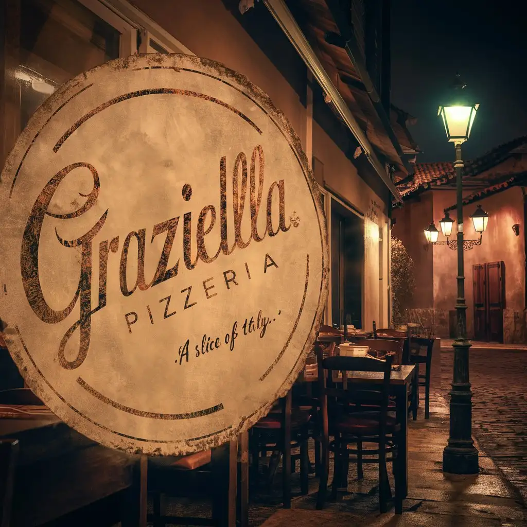 Graziella Pizzeria logo with Italian colors, Quote Slice of Italy, Cozy night Restaurant Atmosphere, Detailed, Faded light