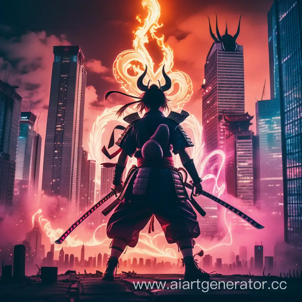 Samurai-Warrior-Pierces-Demon-in-Empty-Cityscape-Anime-Scene-with-Neon-Lights-and-Fiery-Power