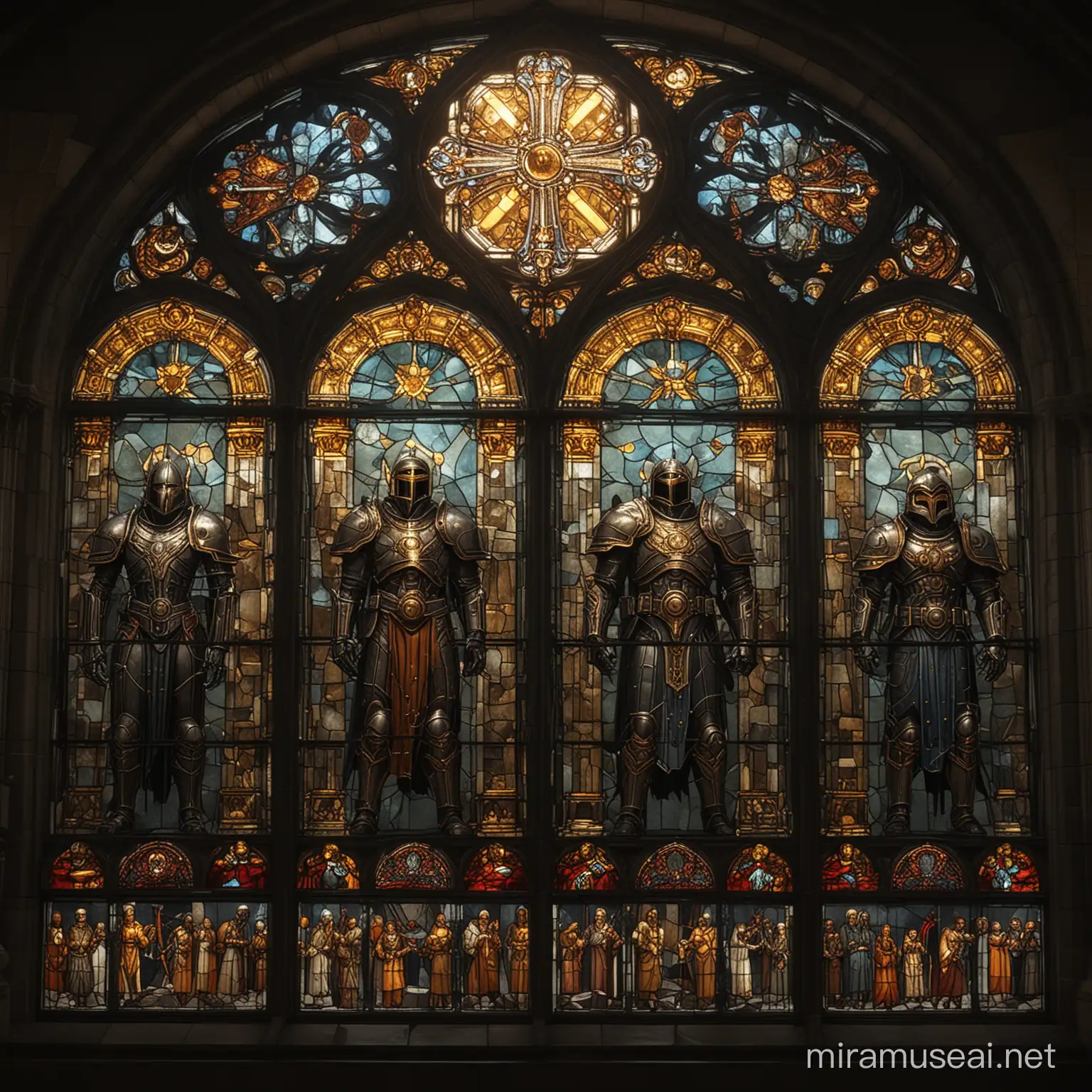 Train an image-generating AI to create a gothic-inspired stained glass window image featuring an impressive formation of Automatons from the game Helldivers 2. The Automatons should march majestically in the window, dominating the scene. The image should capture the dark and epic atmosphere of a church window and depict the Automatons in an impressive play of light