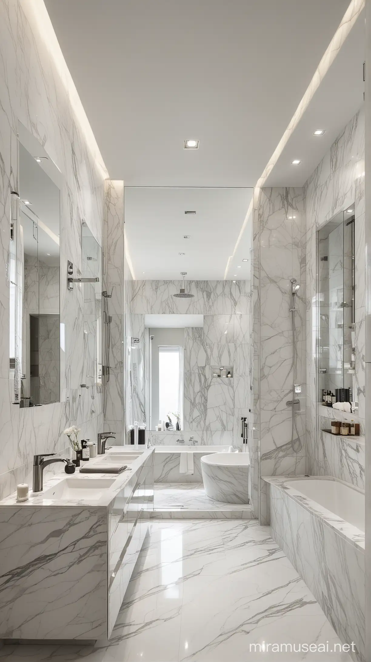 master bathroom,2 lavatory with mirror,bathtub,wc,shower,white floor,wall of the bathtub by calacatta grey ,
