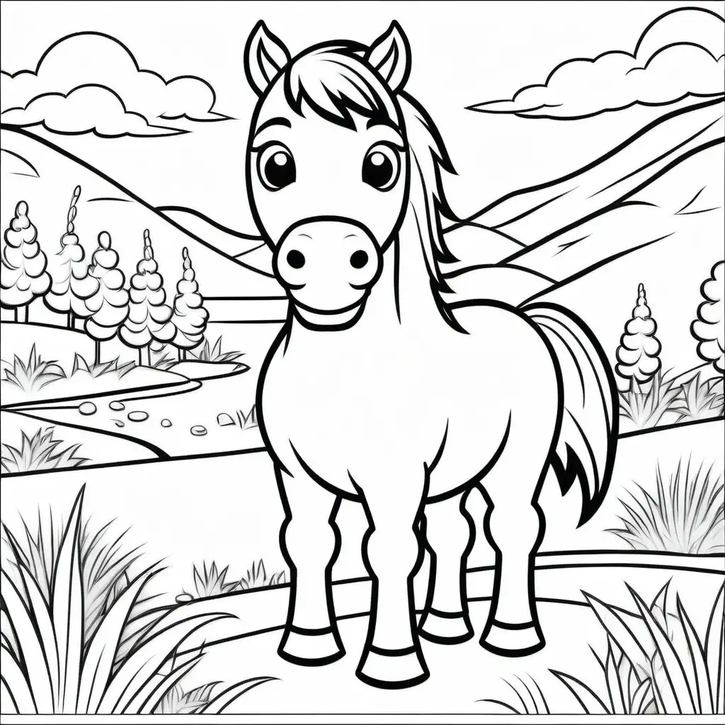 Create a coloring book page for 1 to 4 year olds. A simple cartoon cute smiling friendly faced Horse in their native enviroment. The image should have no shading or block colors and no background, make sure the animal fits in the picture fully and just clear lines for coloring. make all images with more cartoon faces and smiling