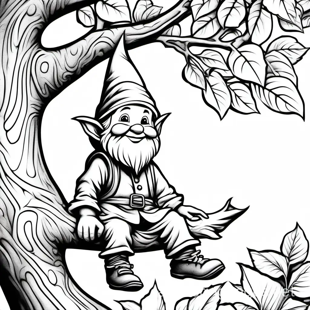 young, young, young, young handsome happy thin thin thin little gnome sitting on a big tree branch next to a bird full view white background, Coloring Page, black and white, line art, white background, Simplicity, Ample White Space. The background of the coloring page is plain white to make it easy for young children to color within the lines. The outlines of all the subjects are easy to distinguish, making it simple for kids to color without too much difficulty