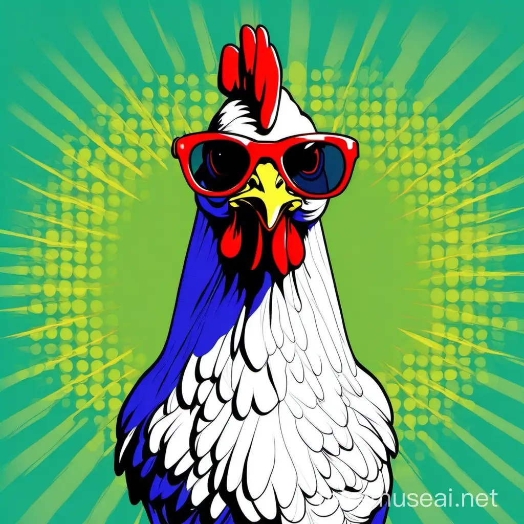 generate a chicken with sun glasses, pop art