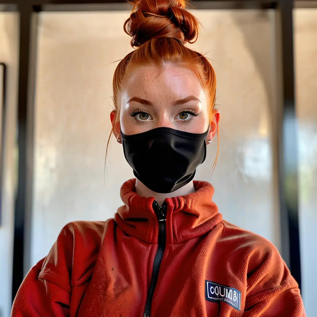 Stylish Redheaded Woman in Columbia Fleece Jacket with COVID Mask