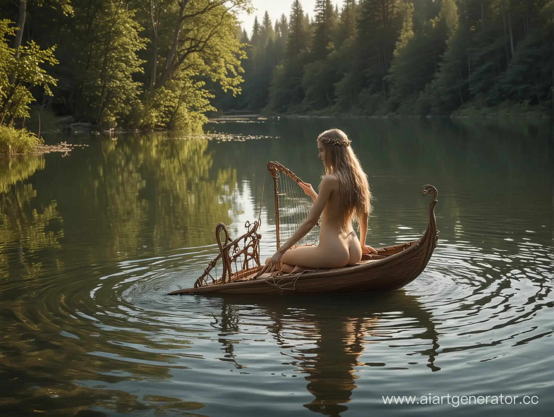 Худощавый Эльф с длинными волосами голый купается в озере, рядом лежит лютня