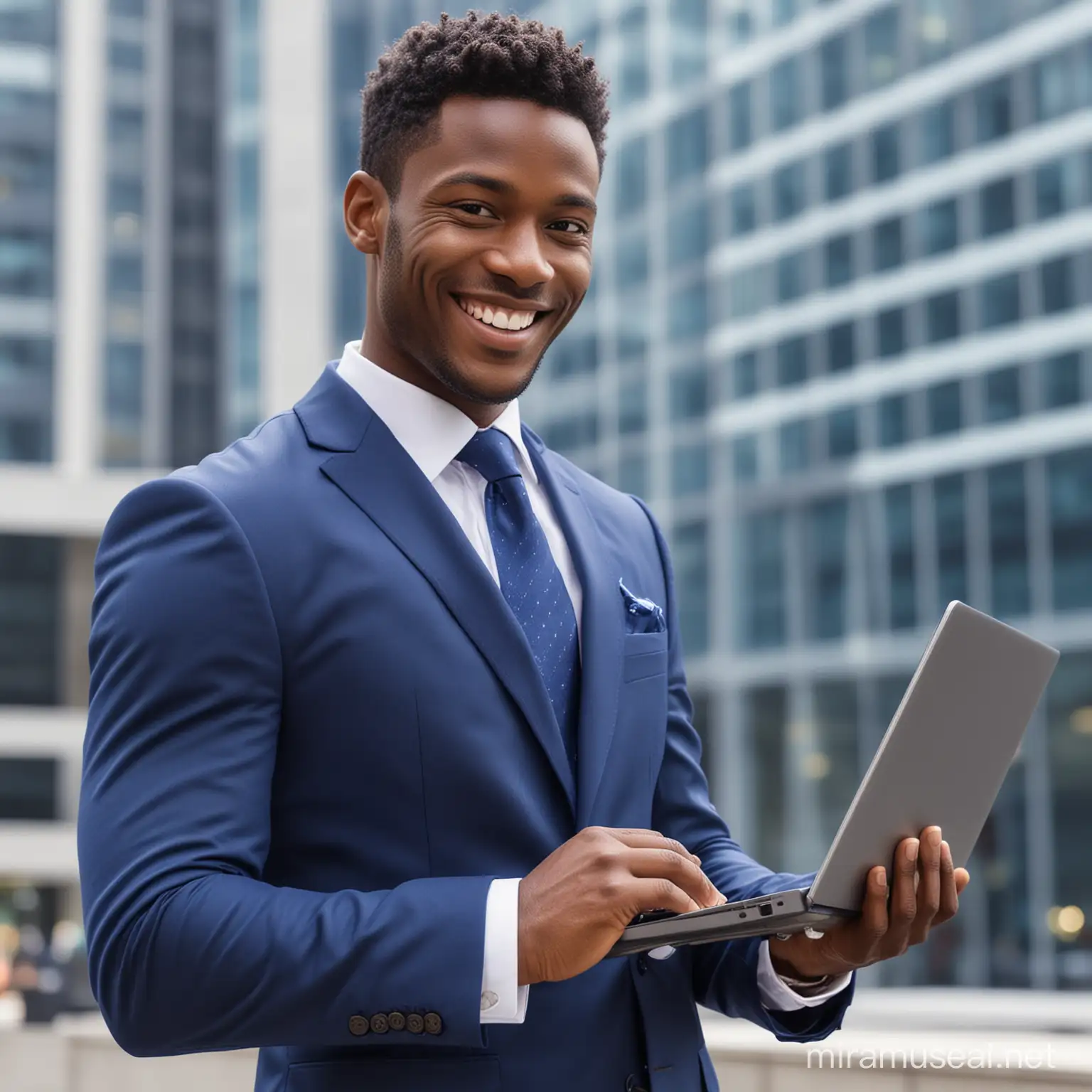 Professional AfricanAmerican Man in Royal Blue Suit with Laptop