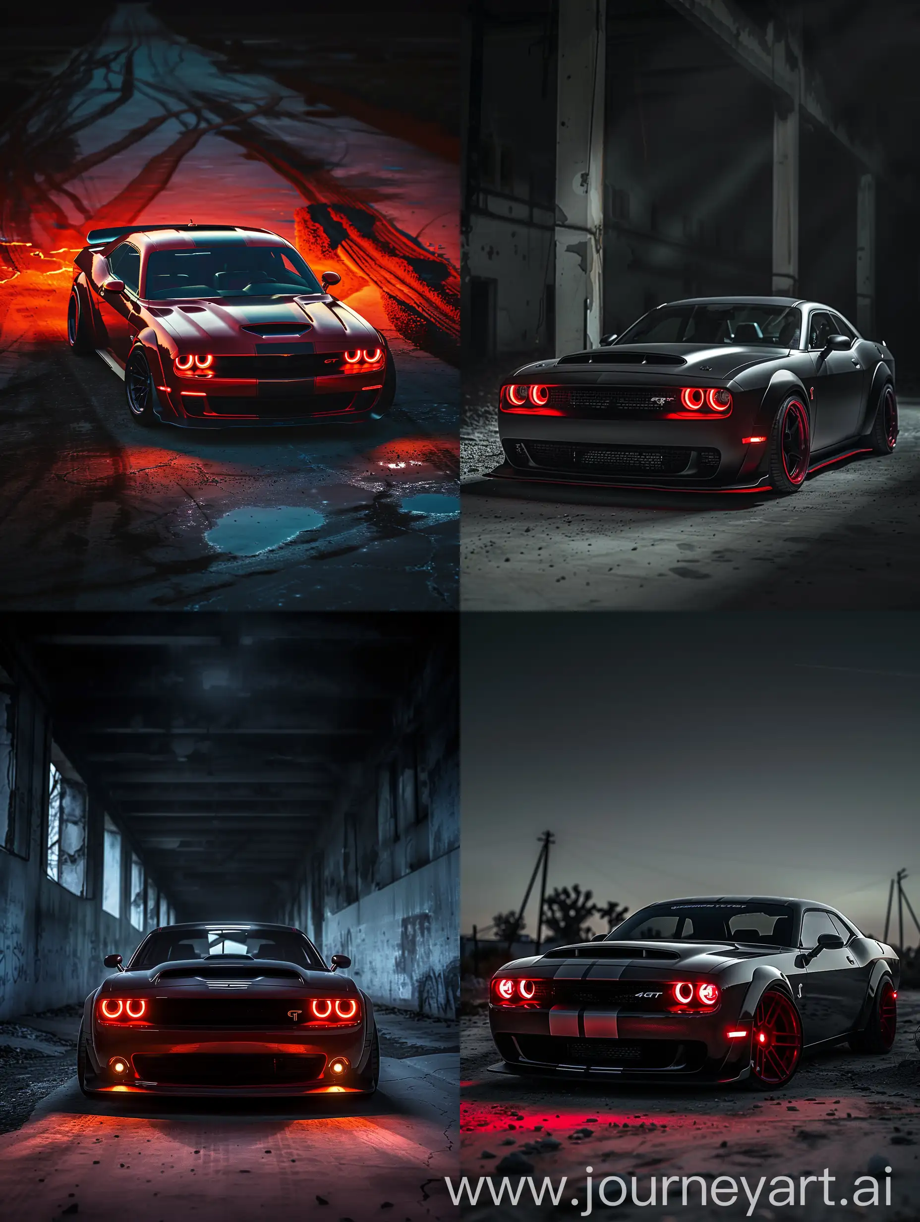 Ford Mustang GT, masterpiece, 4k, dodge challenger demon photo, red headlights, red, sports car with muscles, demon, tires, shadows, cinematic lighting, headlights on, telephoto lenses, wasteland, darkness, wallpaper level, hdr, racer