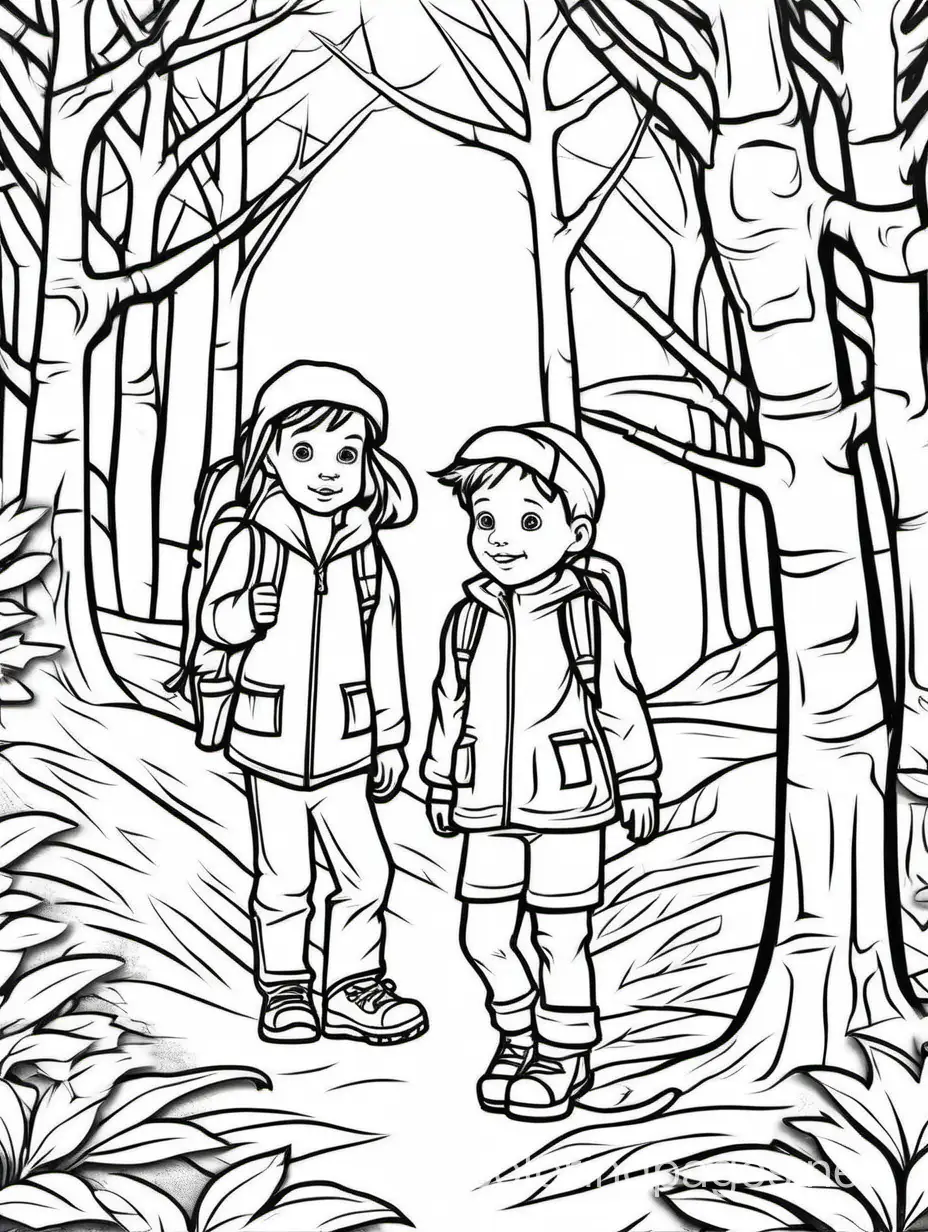 When kids get lost in the woods, it's essential to remain calm and think positively., Coloring Page, black and white, line art, white background, Simplicity, Ample White Space. The background of the coloring page is plain white to make it easy for young children to color within the lines. The outlines of all the subjects are easy to distinguish, making it simple for kids to color without too much difficulty