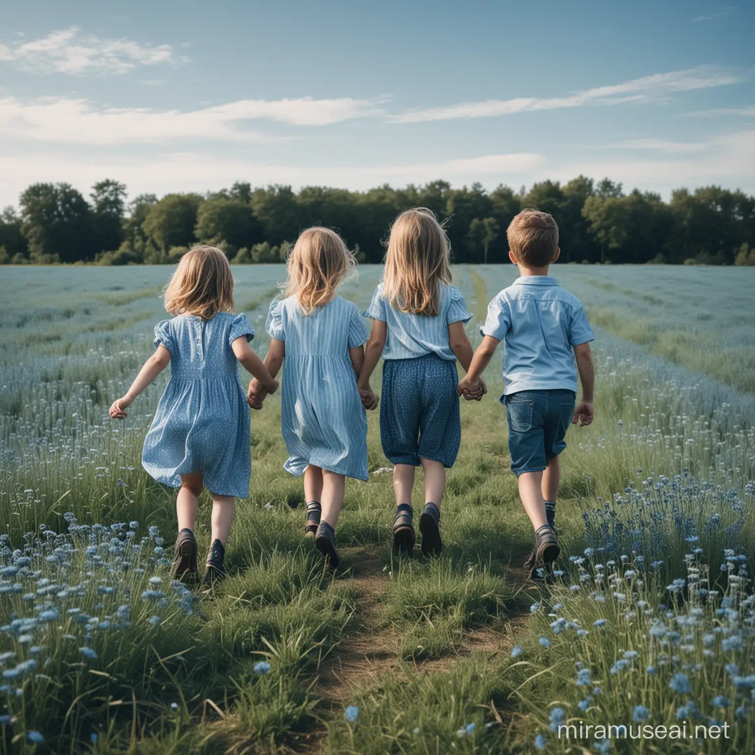 a picture showing the back of four cheerful children playing in a field in blue tone 