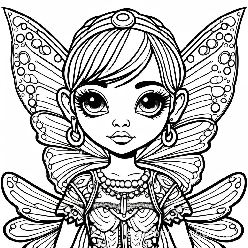 an adult coloring page that is very detailed of a cute round big faced, big eyes punk rock style fairy, Coloring Page, black and white, line art, white background, Simplicity, Ample White Space. The background of the coloring page is plain white to make it easy for young children to color within the lines. The outlines of all the subjects are easy to distinguish, making it simple for kids to color without too much difficulty