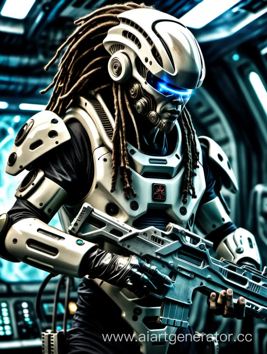 Polish soldier from the future, full character visible, wearing mechanic-cybernetic armor, laser gun in hands, futuristic holographic helmet with electronic cable-dreads, background is a control deck of a space ship in H.R. Geiger "Alien" style.