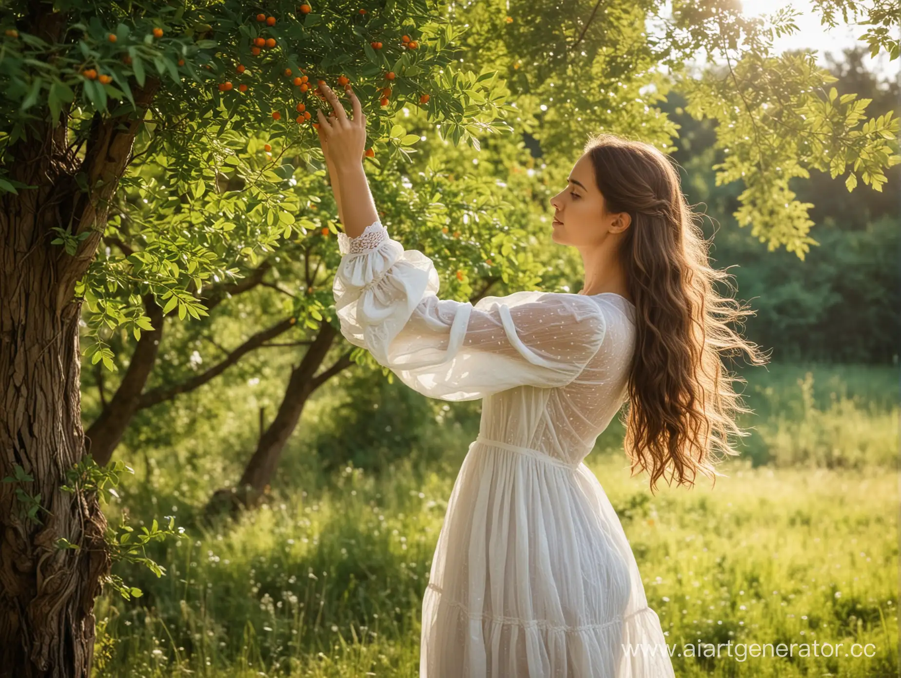 Young-Woman-in-White-Dress-Engages-with-Rowan-Tree-Leaves