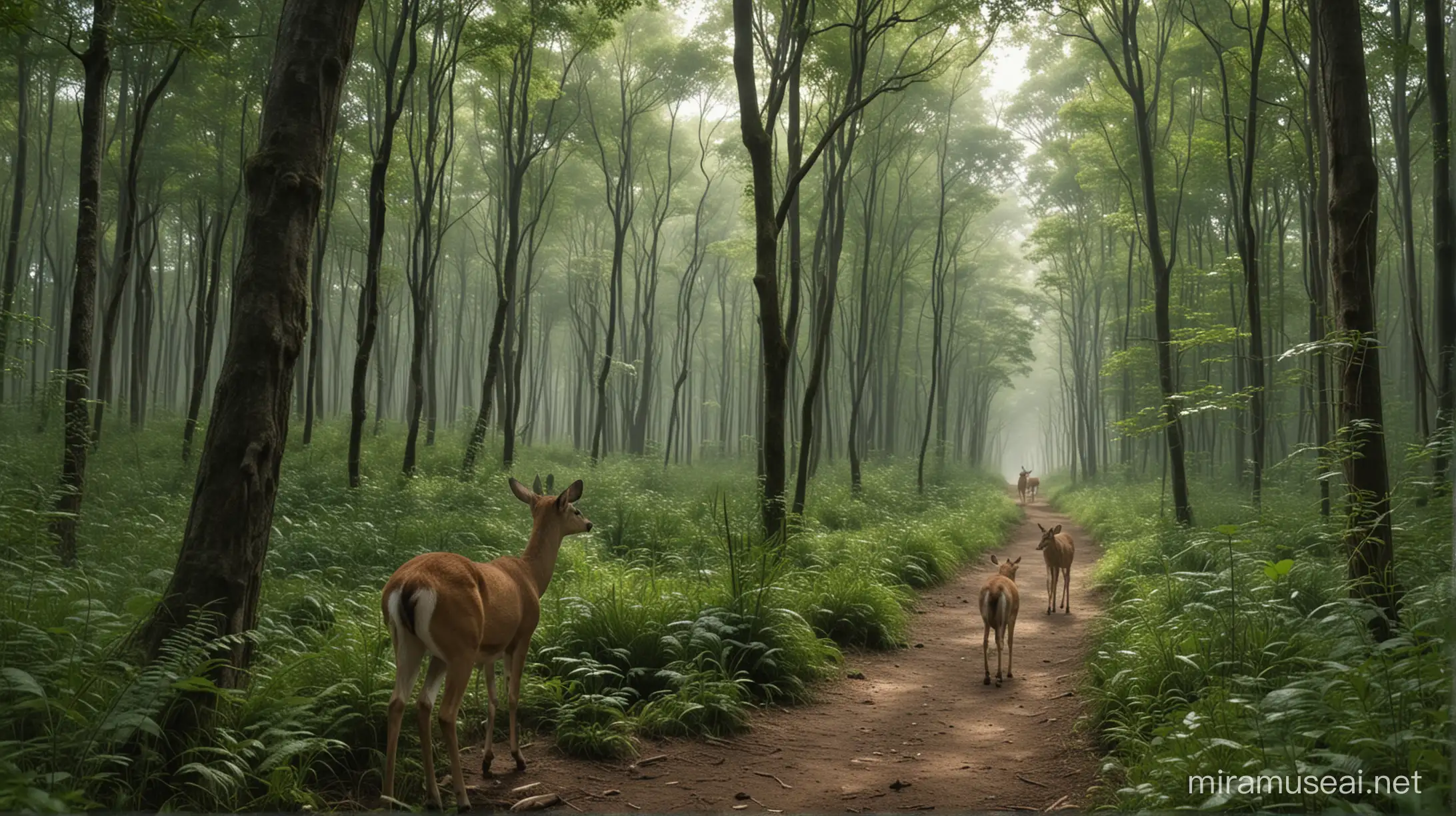 Lio walks through a forest trail, surrounded by lush greenery.
He smiles and takes a deep breath of fresh air.
A small deer grazes nearby, unfazed by Lio's presence
