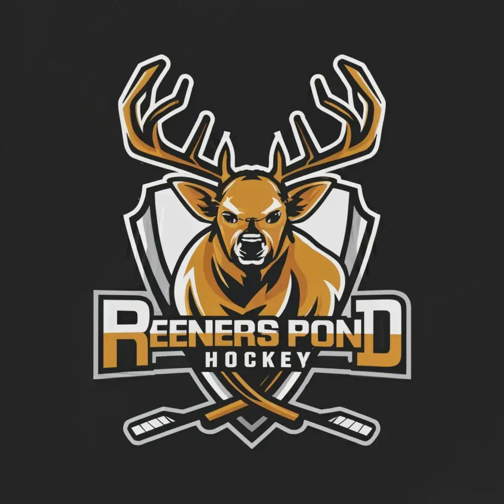 a logo design,with the text "Reeners Pond Hockey", main symbol:Deer Head on shield with hockey sticks and puck,complex,be used in Sports Fitness industry,clear background