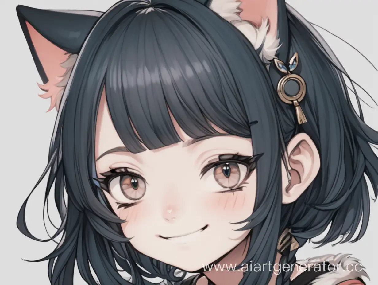 Девочка с кошечьими ушками с узкими клазами  с ехидной улыбкой лицо