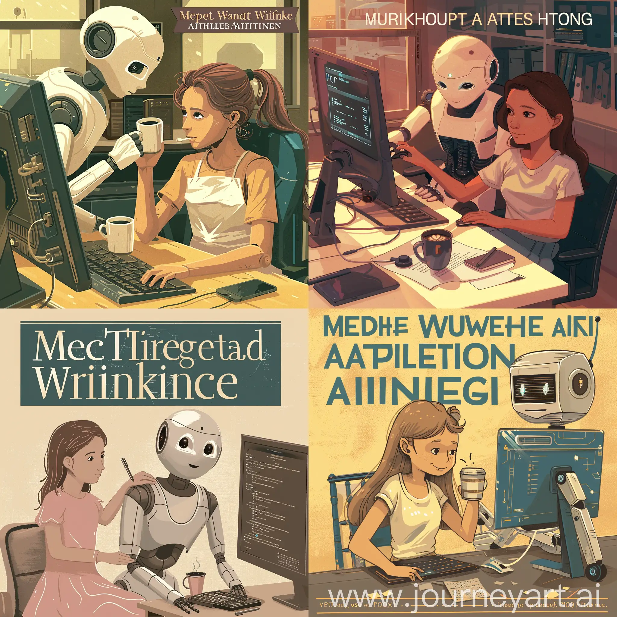 Create a Journal Cover. Title: Medical Writing and Artificial Intelligence. Create an image on the cover of a girl sitting next to a robot. They are working together on the pc. They both have a cup of coffee.
