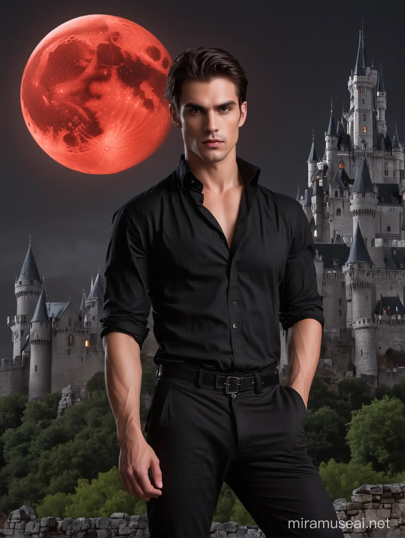 A handsome vampire man wearing a black shirt and black fitted pants while looking at the camera intently. The background should be black and there’s a castle behind him and red full moon.
