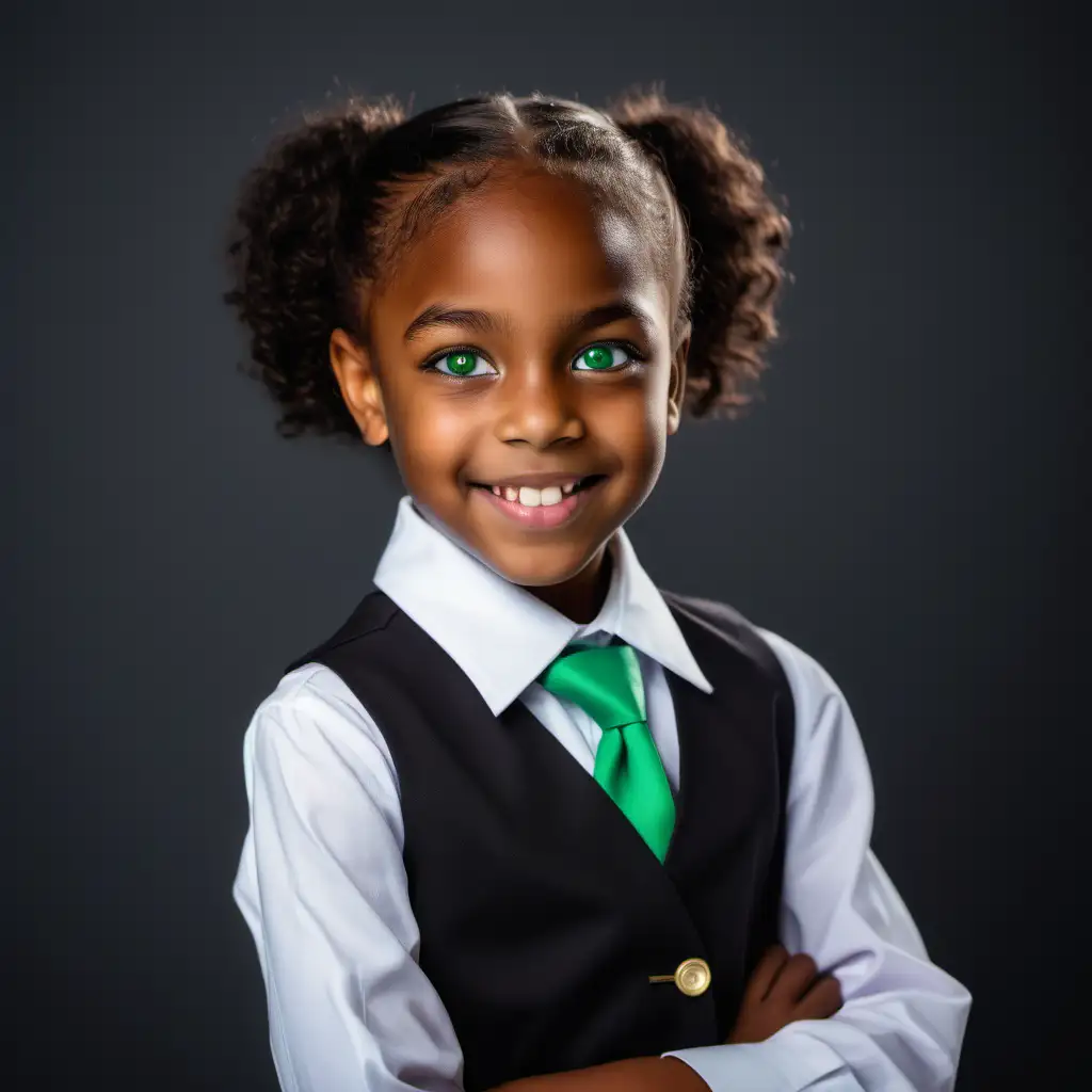 a young african american girl with green eyes dressed as an accountant.  she is 6 and smiling

