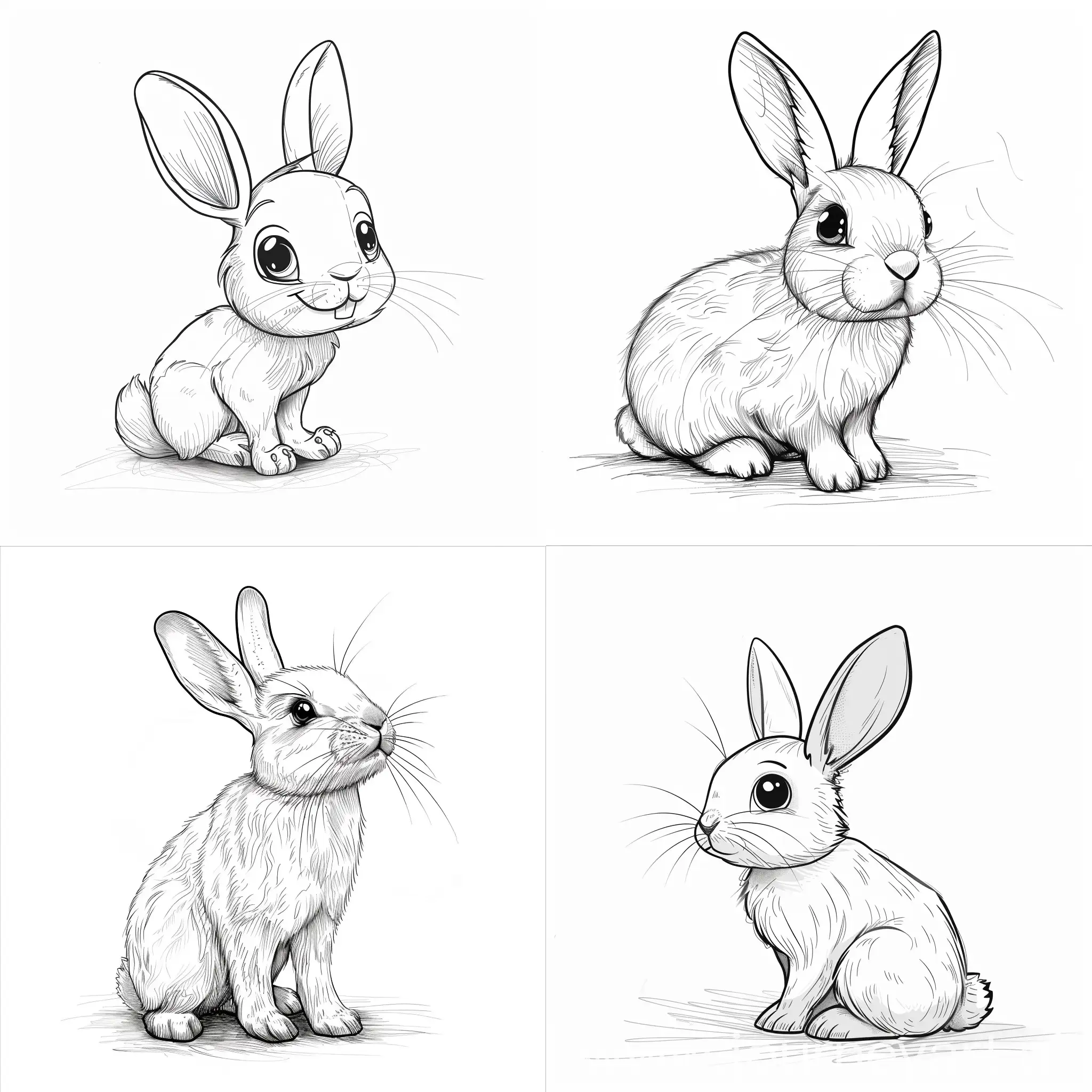 Dibuja un conejo lindo para libro de colorear de niños pequeños, sin escalas de grises en una hoja blanca con fondo liso sin dibujos