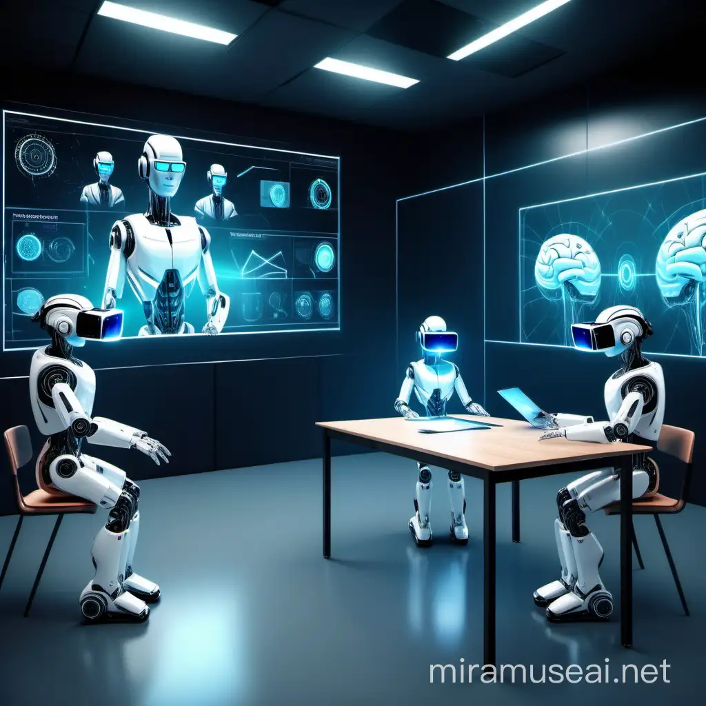 design an image of futuristic classroom, wherin include this stuff  robots teaching  VR headsets on students  virtual classroom  presentations using hologram that takes data from brain directly