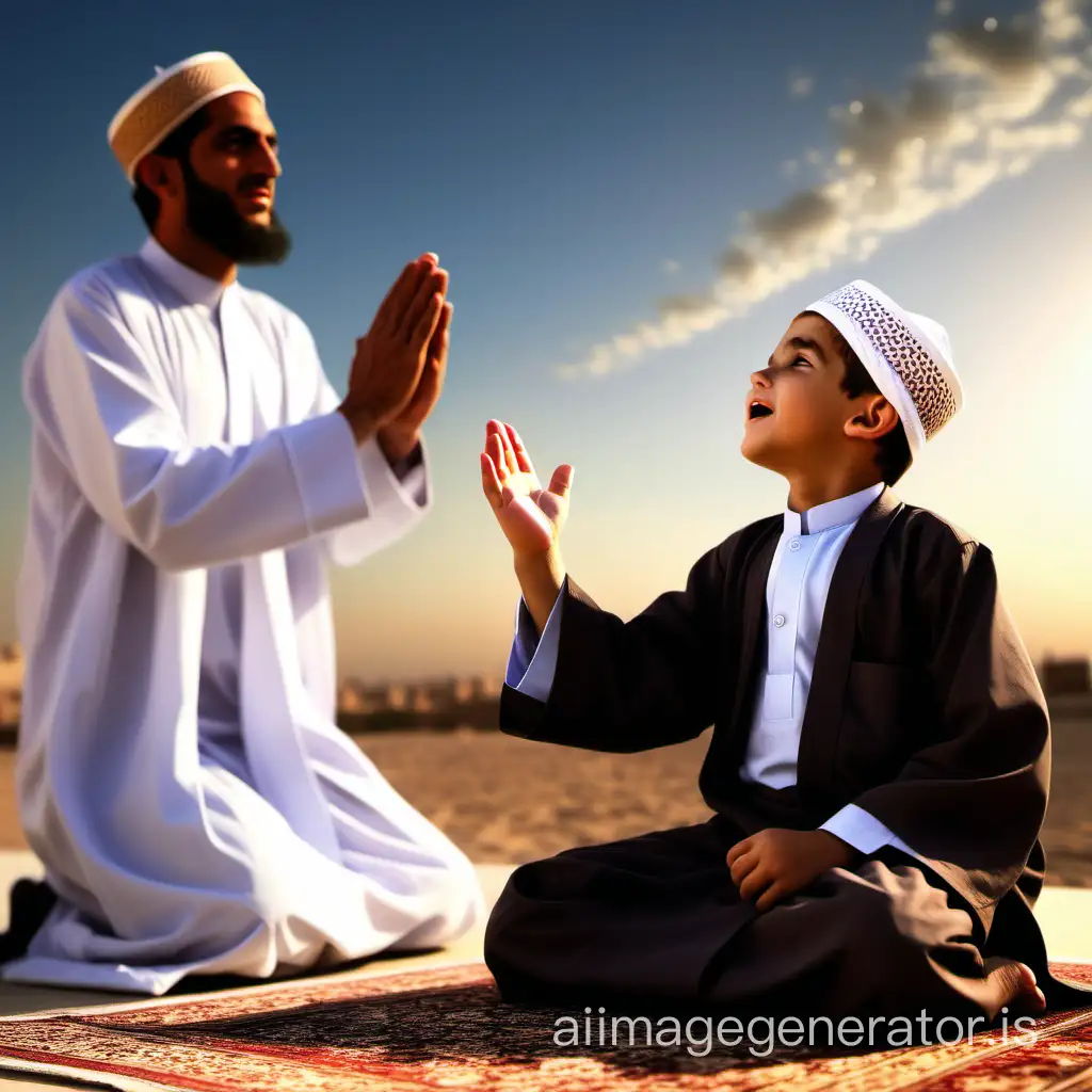 A young boy in traditional Muslim clothing, accompanied by an old sheikh sitting opposite him in a robe. They raise their hands to the sky in supplication, and it is written around them: “اللهم بارك لنا في شعبان ة بلغنا رمضان لا فاقدين و لا مفقودين”