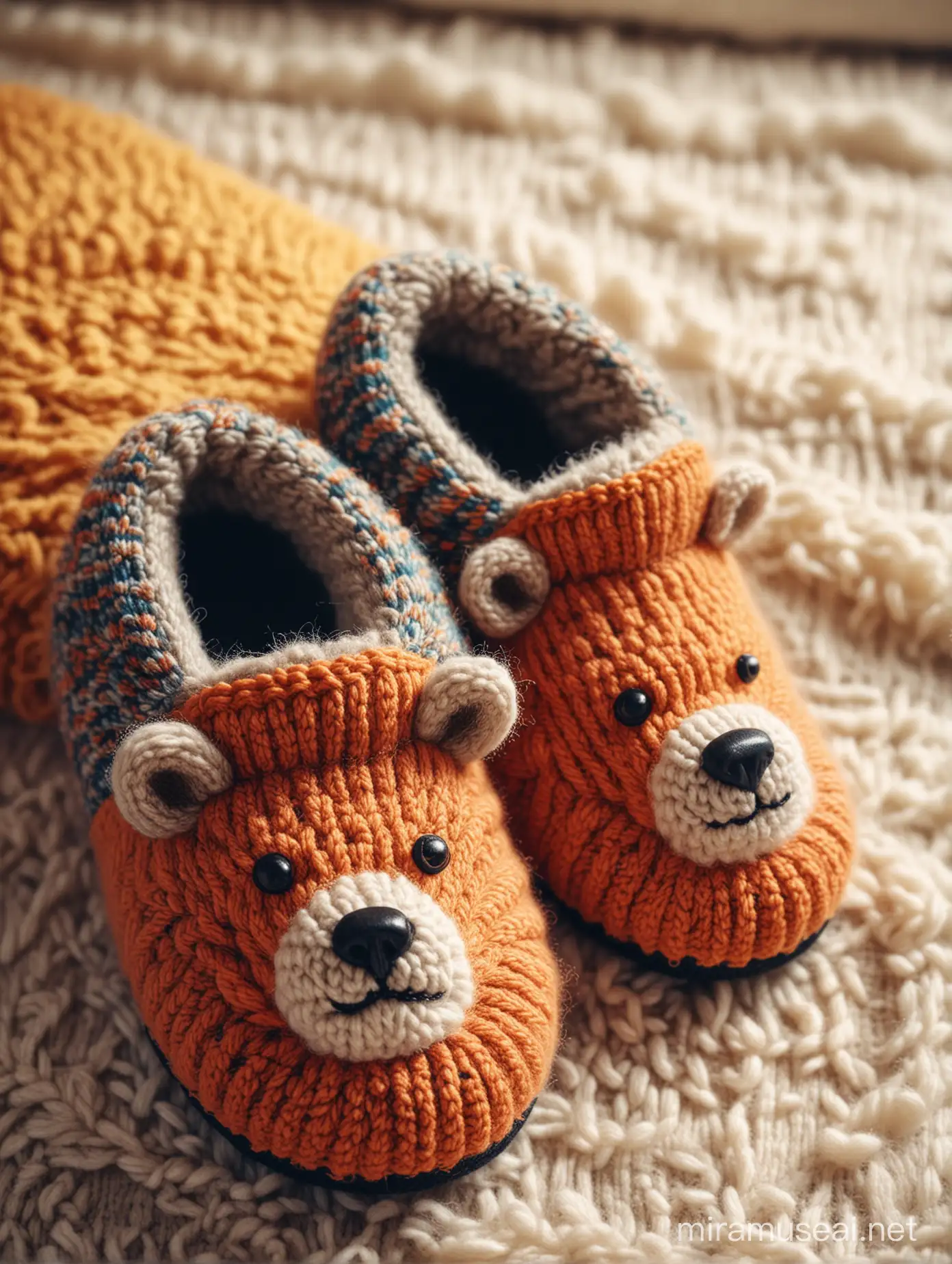 Colored knitted slippers with a bear face, cozy winter footwear, cute and playful, handcrafted, wool material, vibrant colors, intricate knitting pattern, fluffy texture, inspired by Scandinavian design, warm and fuzzy, natural light, soft morning sunlight, taken by a vintage film camera, 50mm lens, bokeh effect, 35mm film, retro aesthetic