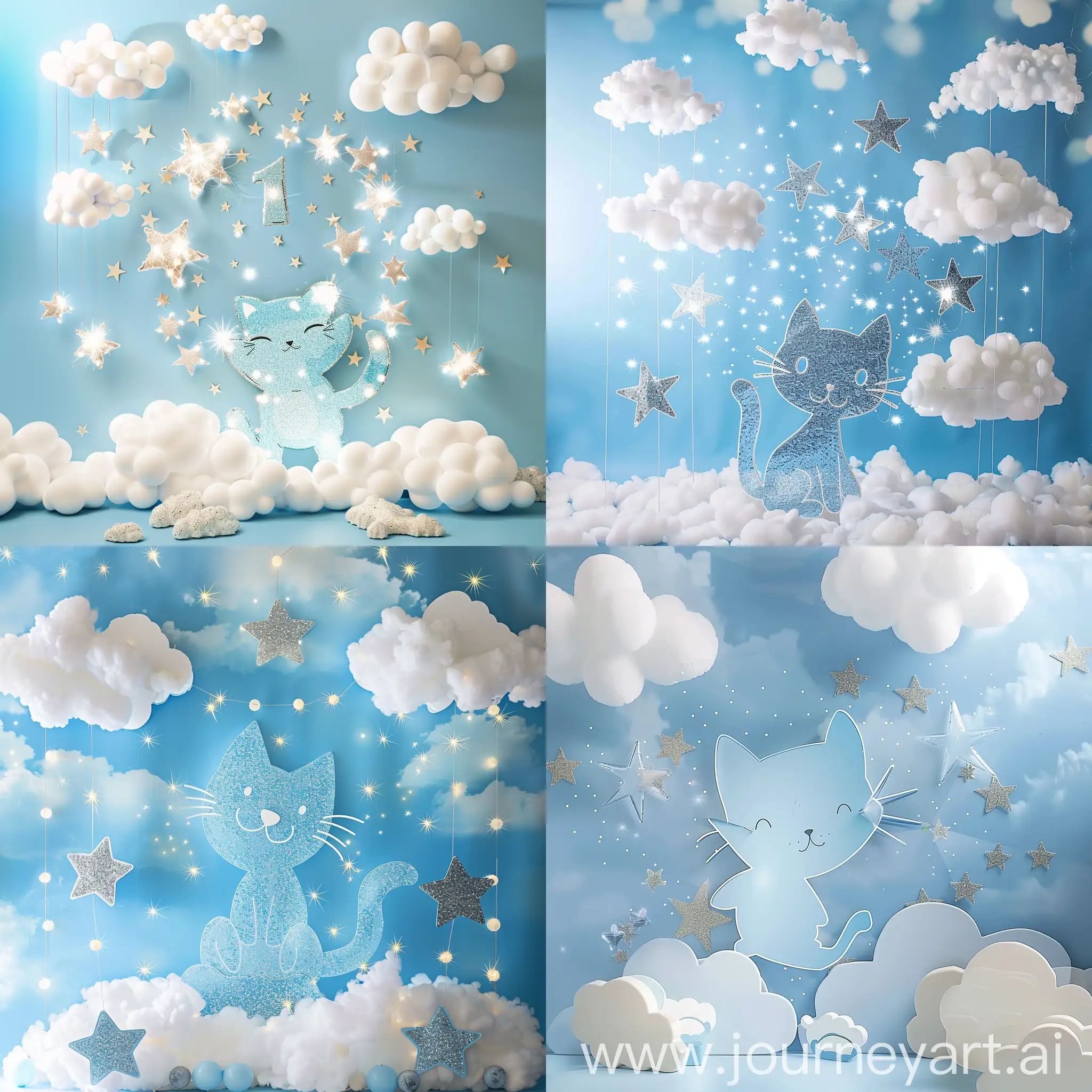 1 year old boy's birthday backdrop, blue mixed with white, light and bright tones, clouds, sparkling stars in the shape of a cute cartoon cat