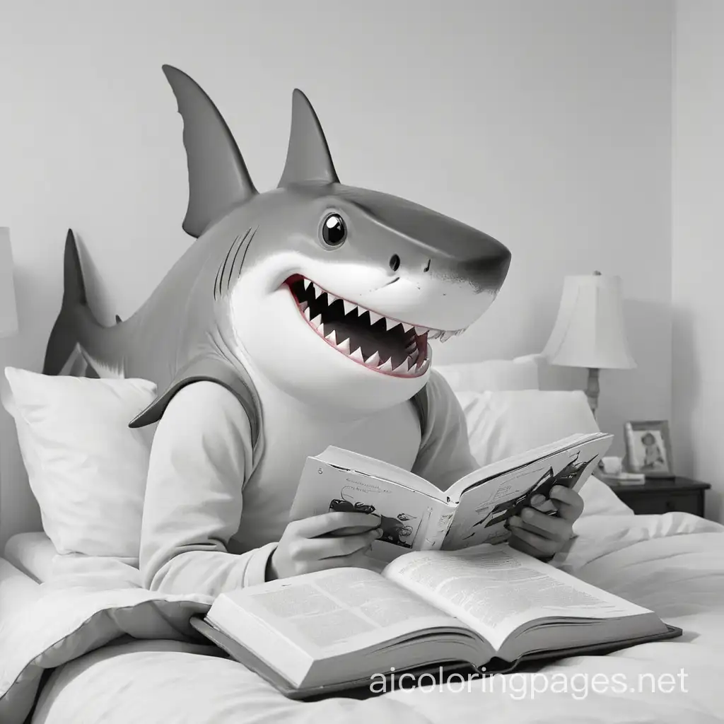 shark in bed reading Voltaire, Coloring Page, black and white, line art, white background, Simplicity, Ample White Space. The background of the coloring page is plain white to make it easy for young children to color within the lines. The outlines of all the subjects are easy to distinguish, making it simple for kids to color without too much difficulty