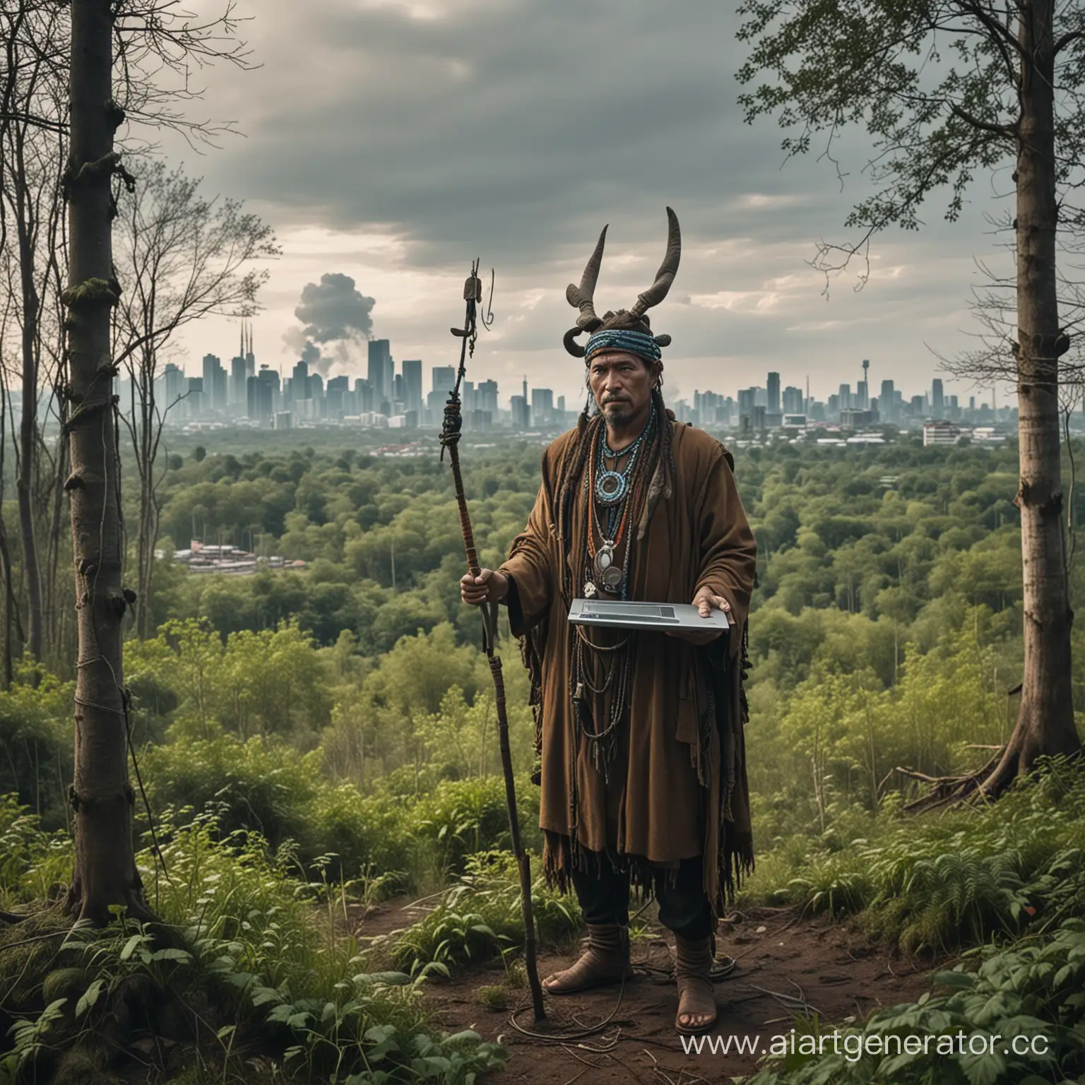 Шаман стоит в дремучем лесу с посохом и ноутбуком, от которого тянется кабель к городу на заднем плане
