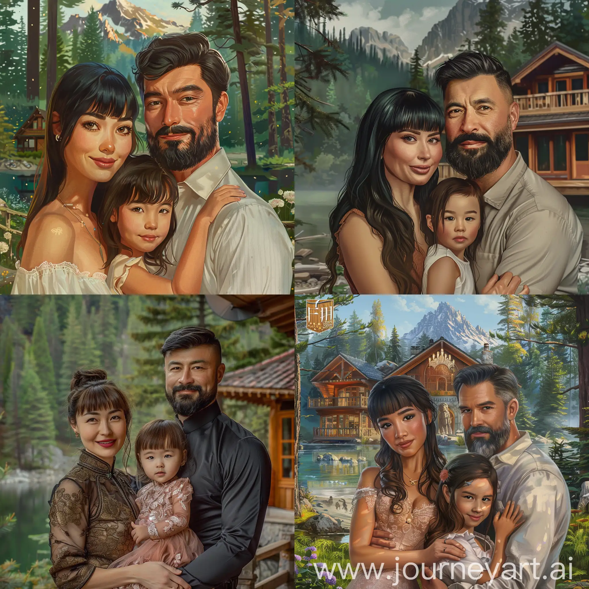 make me a picture of a kazakh asian woman with a bang and portuguese man with beard and moustache couple and their daughter in a beautiful house near the forest and lake