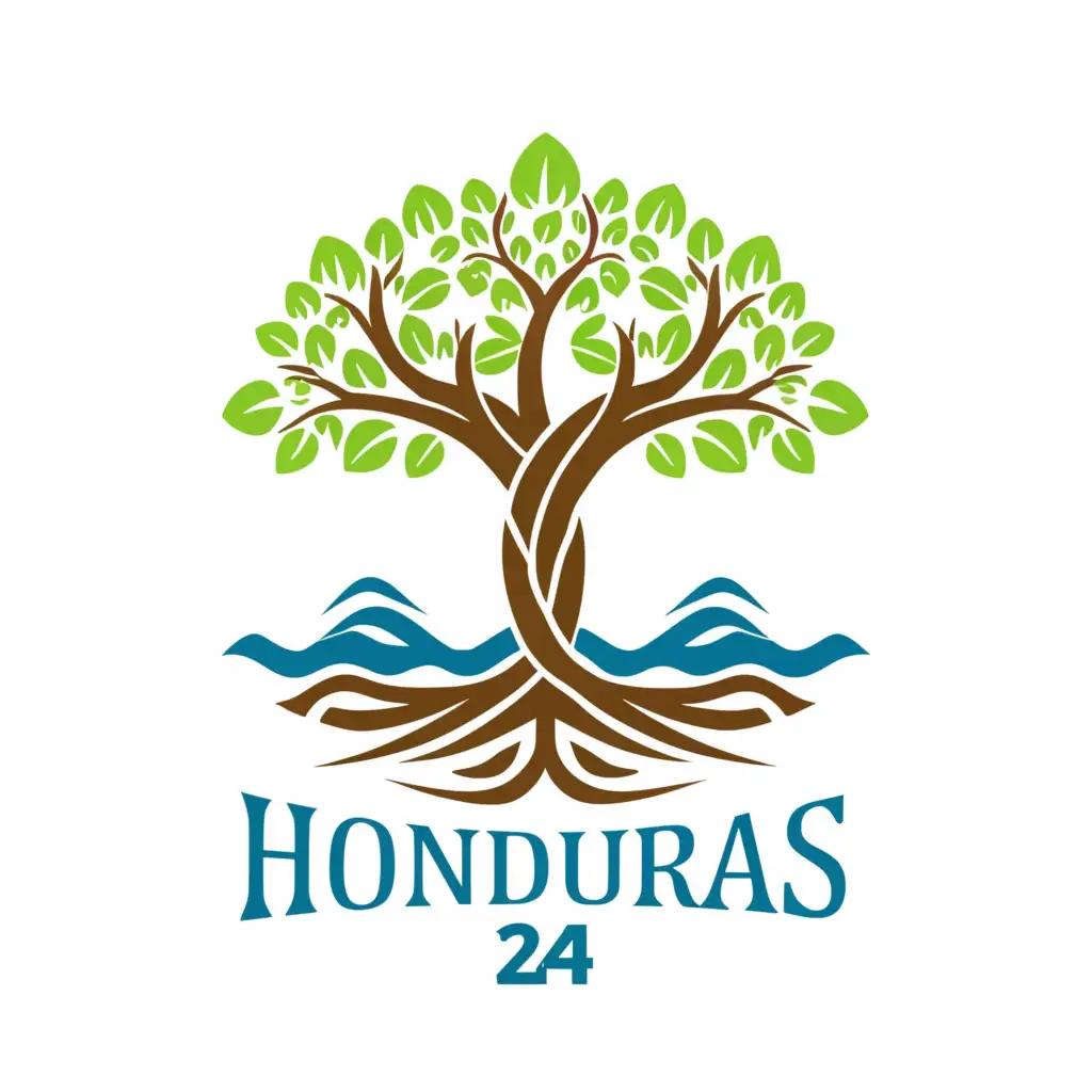 a logo design, with the text 'HONDURAS 24', main symbol: Tree over ocean, complex, to be used in Travel industry, clear background, no tm, no cross