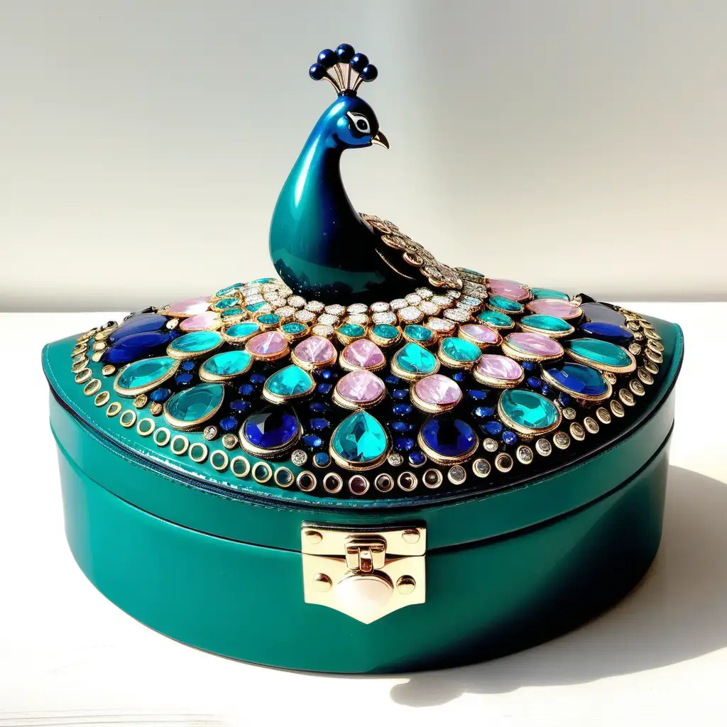 A contemporary retro Jewellery box with studded gems that you can also use as a purse. Show interior and exterior . With a gem studded peacock on top 