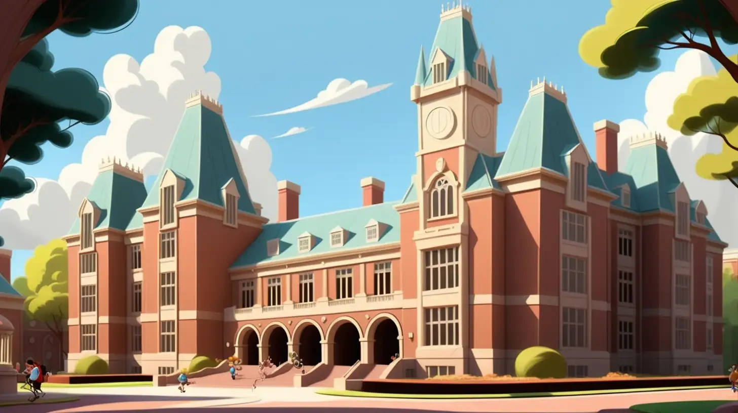 Joyful University Campus Scene in Whimsical Disney Cartoon Style