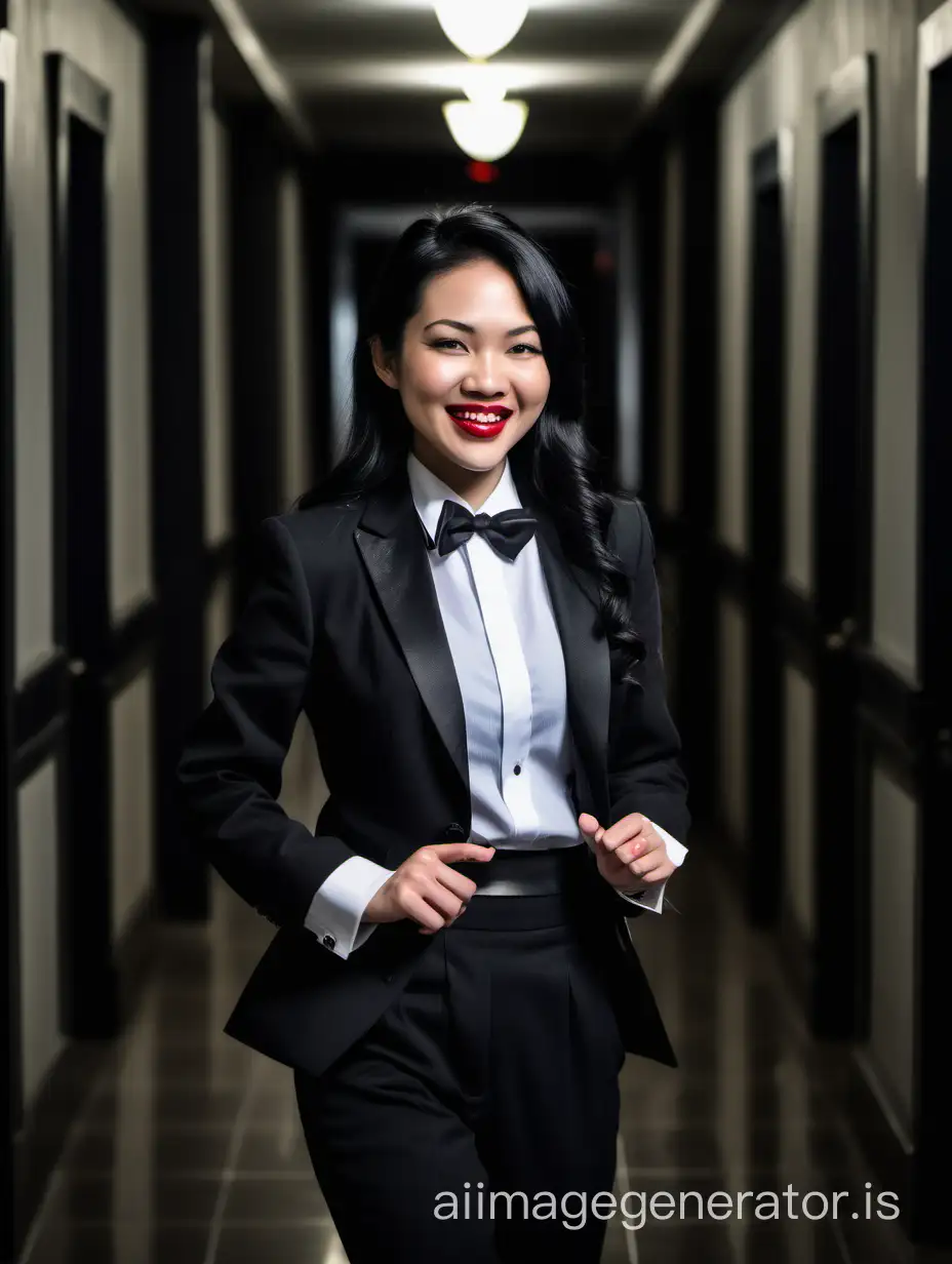 A beautiful smiling and laughing Vietnamese woman with long black hair, and lipstick, mid-twenties of age, is in a dark hallway walking toward the viewer. She is wearing a tuxedo with a black jacket. Her shirt is white with double French cuffs and a wing collar. Her bowtie is large and black. Her cufflinks are large and black.