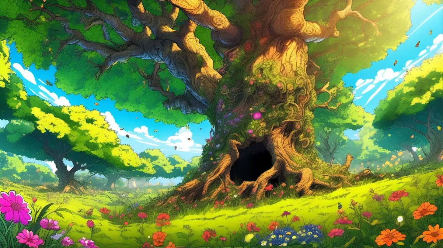 Enchanting Cartoon Forest Scene with Old Oak Tree and Meadow