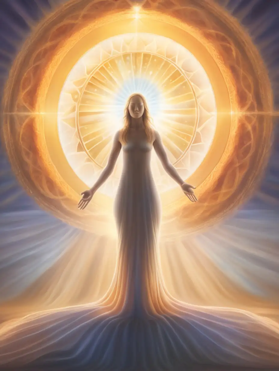 thin halo of warm light to represent 1.	Awakening and Recognition:
This stage marks the initial awakening to spiritual truths and the recognition of a deeper reality beyond the material world. Concepts in this stage focus on becoming aware of the present moment, one's consciousness, and the interconnectedness of all beings and things. Practices such as mindfulness, meditation, and connecting with nature are essential for cultivating awareness and presence.