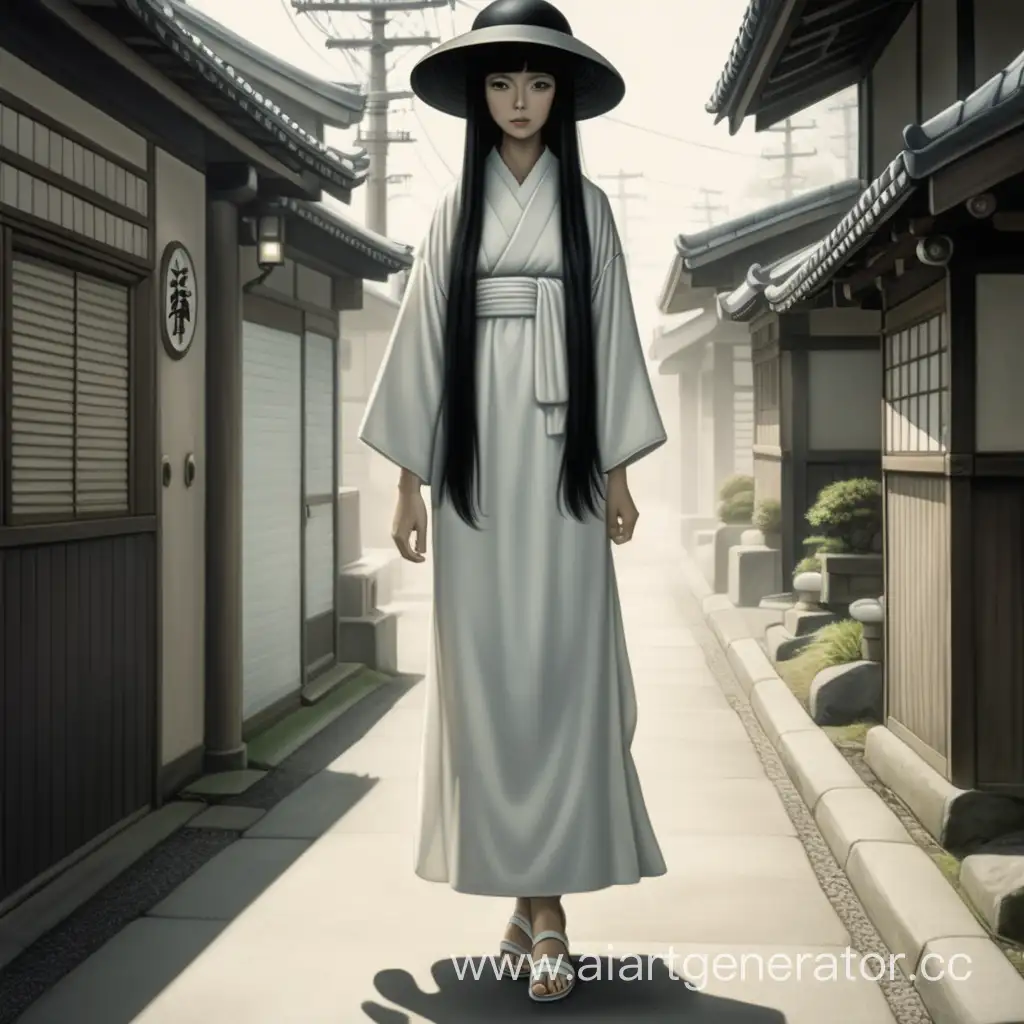 eight-foot-tall, black-haired Japanese woman. In addition to the usual white hat and long white dress, she occasionally wears sandals or high heels in either white or black. Creepy