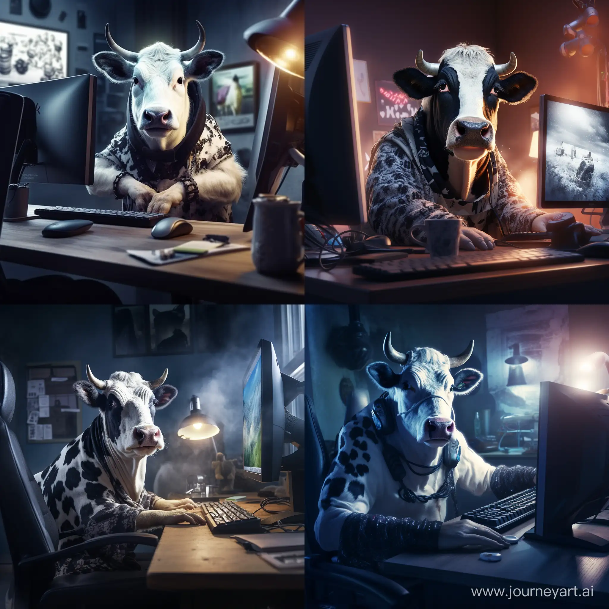 Savvy-CowPatterned-Feline-at-Computer-Desk