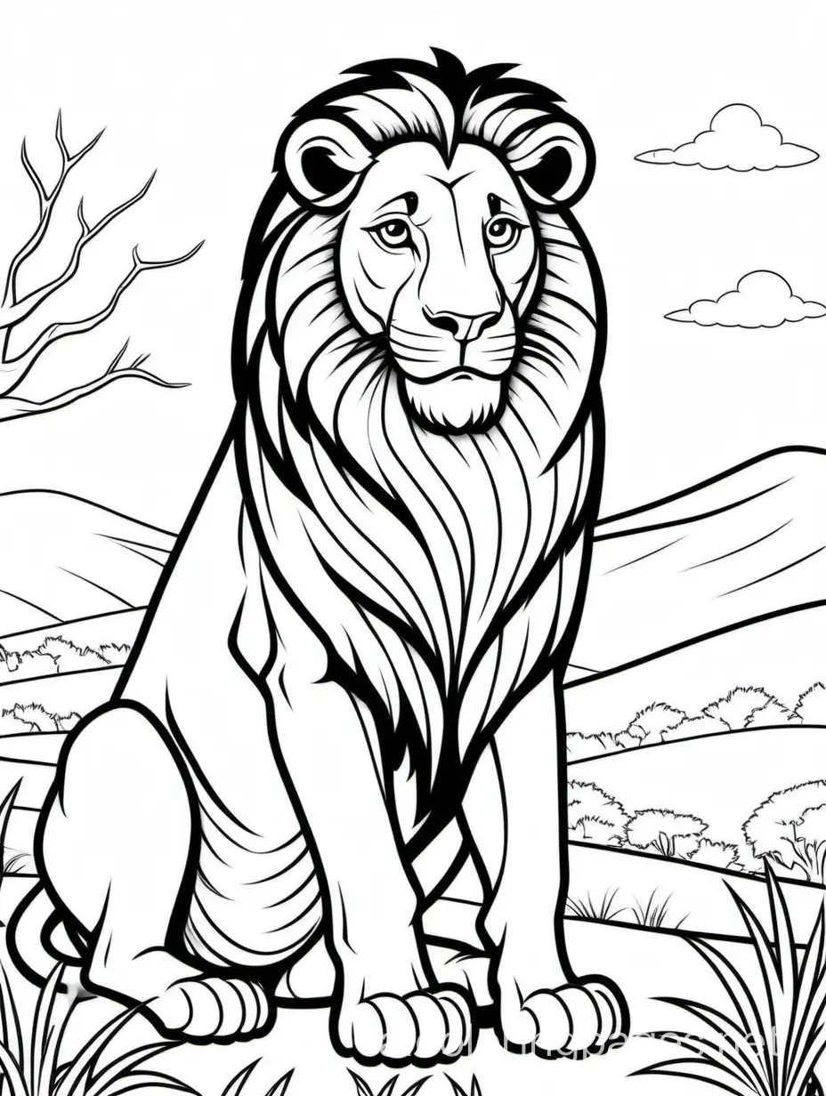 a grown male lion sitting on the savanna, Coloring Page, black and white, line art, white background, Simplicity, Ample White Space. The background of the coloring page is plain white to make it easy for young children to color within the lines. The outlines of all the subjects are easy to distinguish, making it simple for kids to color without too much difficulty