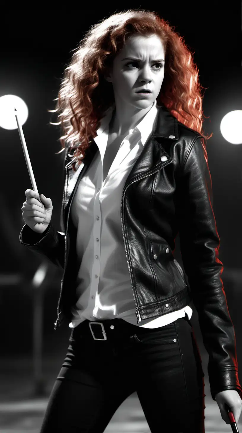 sin city style, black and white, a grown-up Hermione Granger , red bushy hair, dressed in black leather jacket, white shirt and black jeans, standing on arena, concentrated, directing a magic wand, hyper-realistic