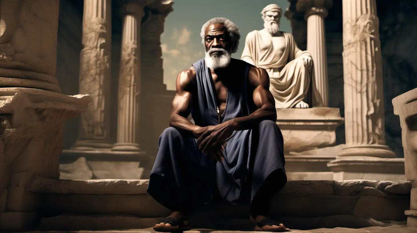"Generate a captivating image featuring an elderly black Greek man with a muscular physique and a flowing beard. Set the scene against the majestic backdrop of a darkened palace, emphasizing the regal ambiance. Depict the aged figure seated on a prominent rock, creating a powerful visual contrast. Convey the strength, wisdom, and cultural richness of this distinguished character in an AI-generated masterpiece that transports viewers to an ancient and noble setting."

