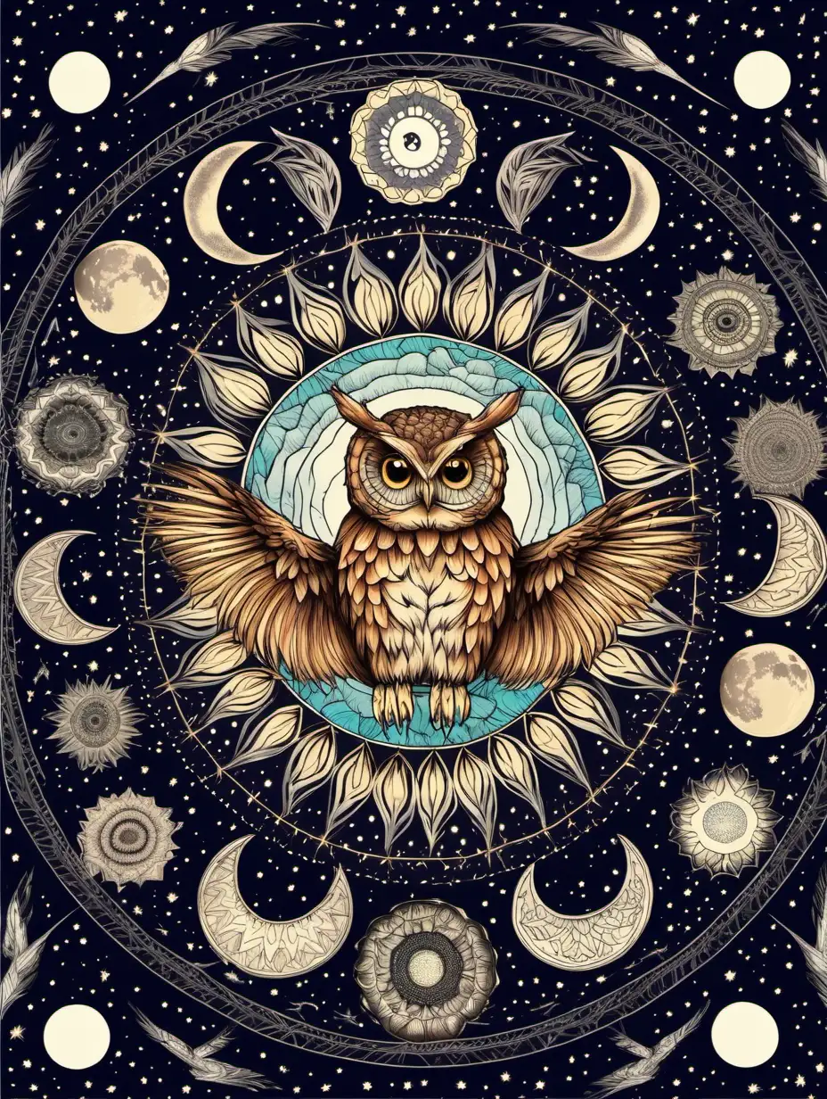 Tranquil Nature Mandalas with Owls Fireflies and Moon Phases