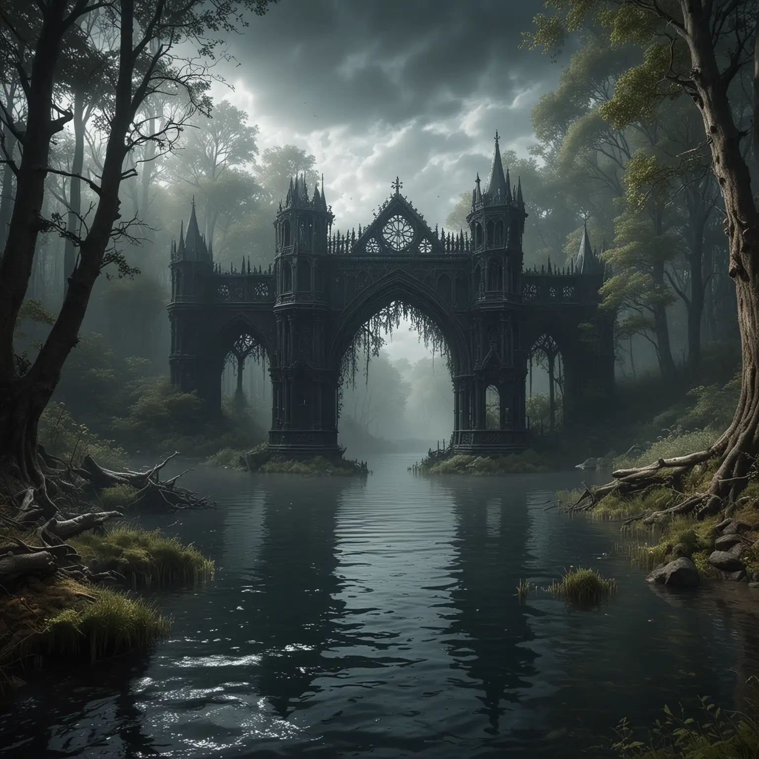 make a detailed picture of a gothic view with deep waters and shadwos in the wood