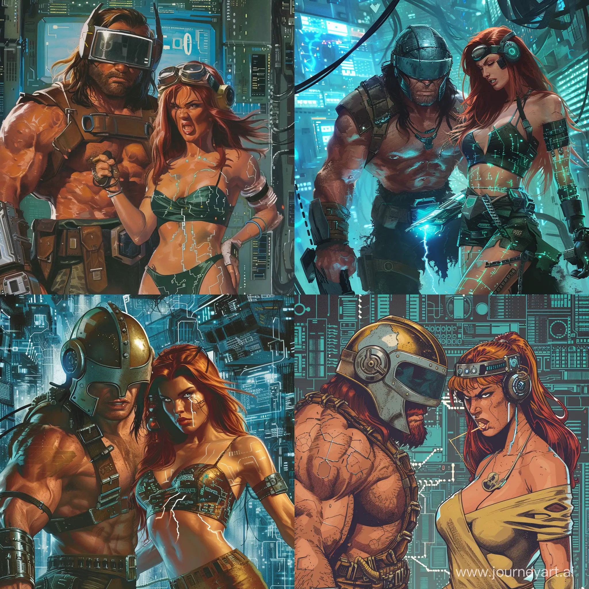 Conan the Barbarian in visor helmet catches angry normal weight Red-head woman in electrified cyberpunk clothing stealing computer secrets. High tech background.