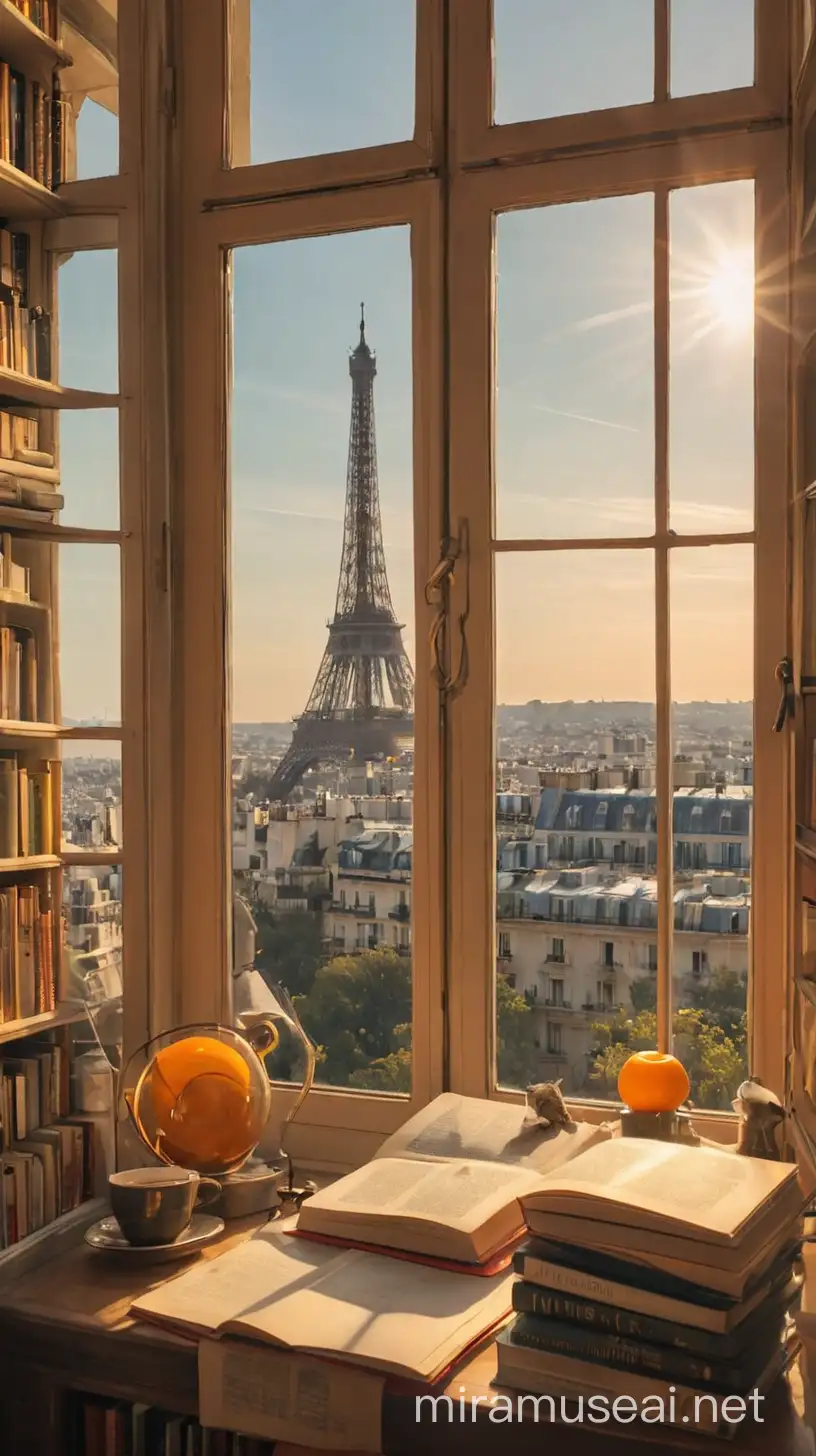 Paris Bookstore with Eiffel Tower Views Spider and Book Love in Orange Sunshine