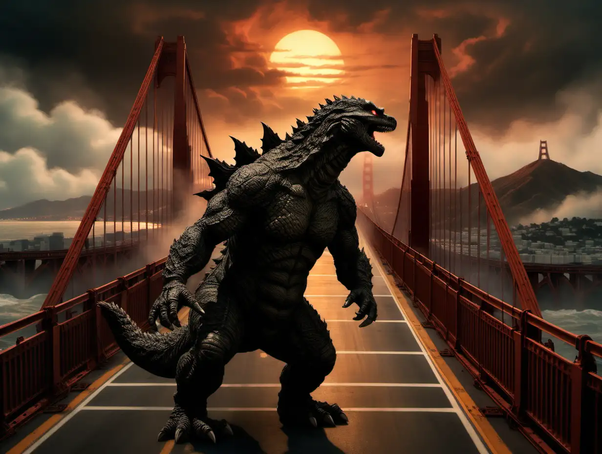Godzilla on the Golden Gate Bridge at sunset in style of realism by frank frazetta and annie leibovitz, emotive and moody and muted, dark background