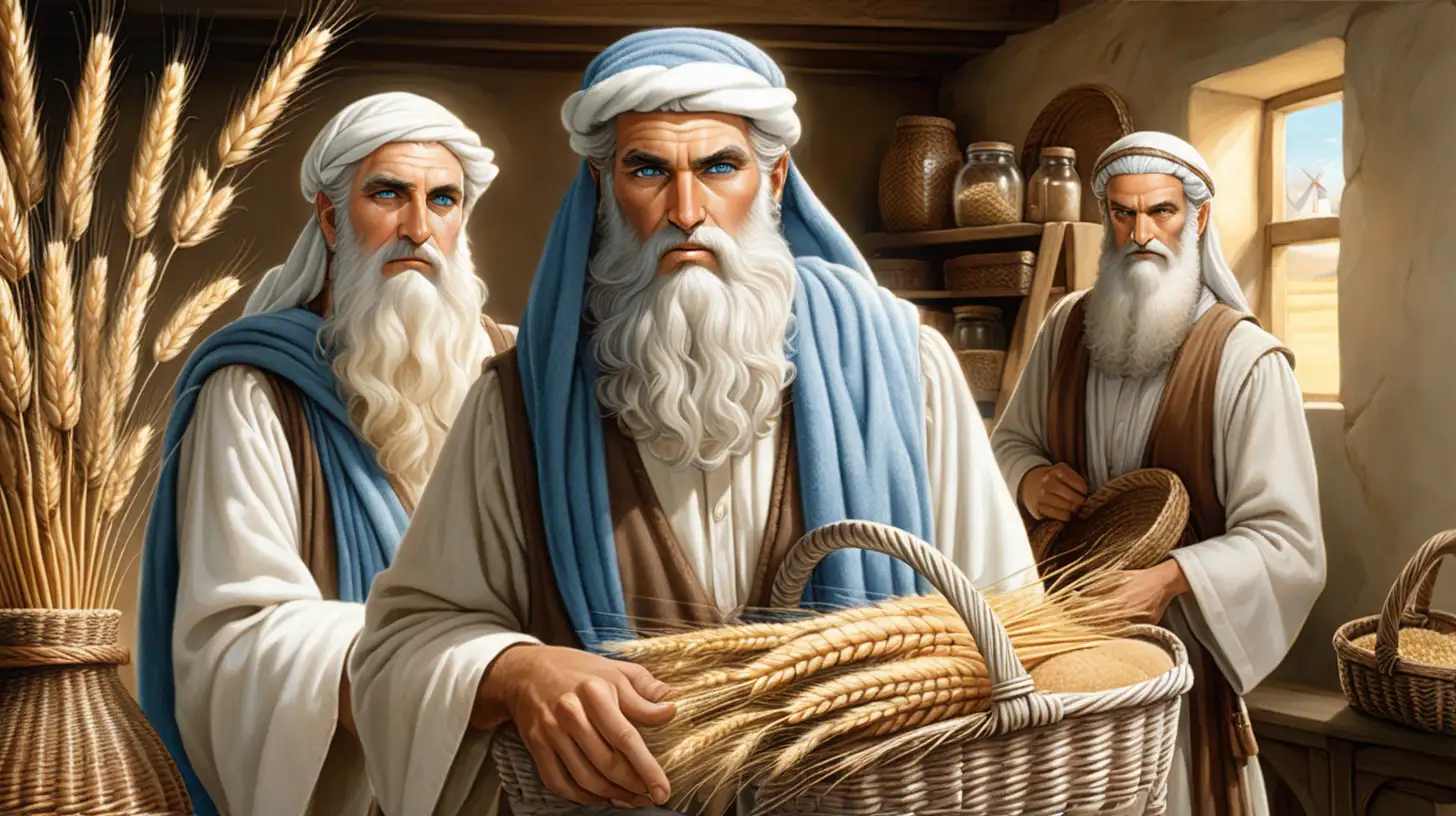 Serious Hebrews in Biblical Attire with Wheatfilled Basket