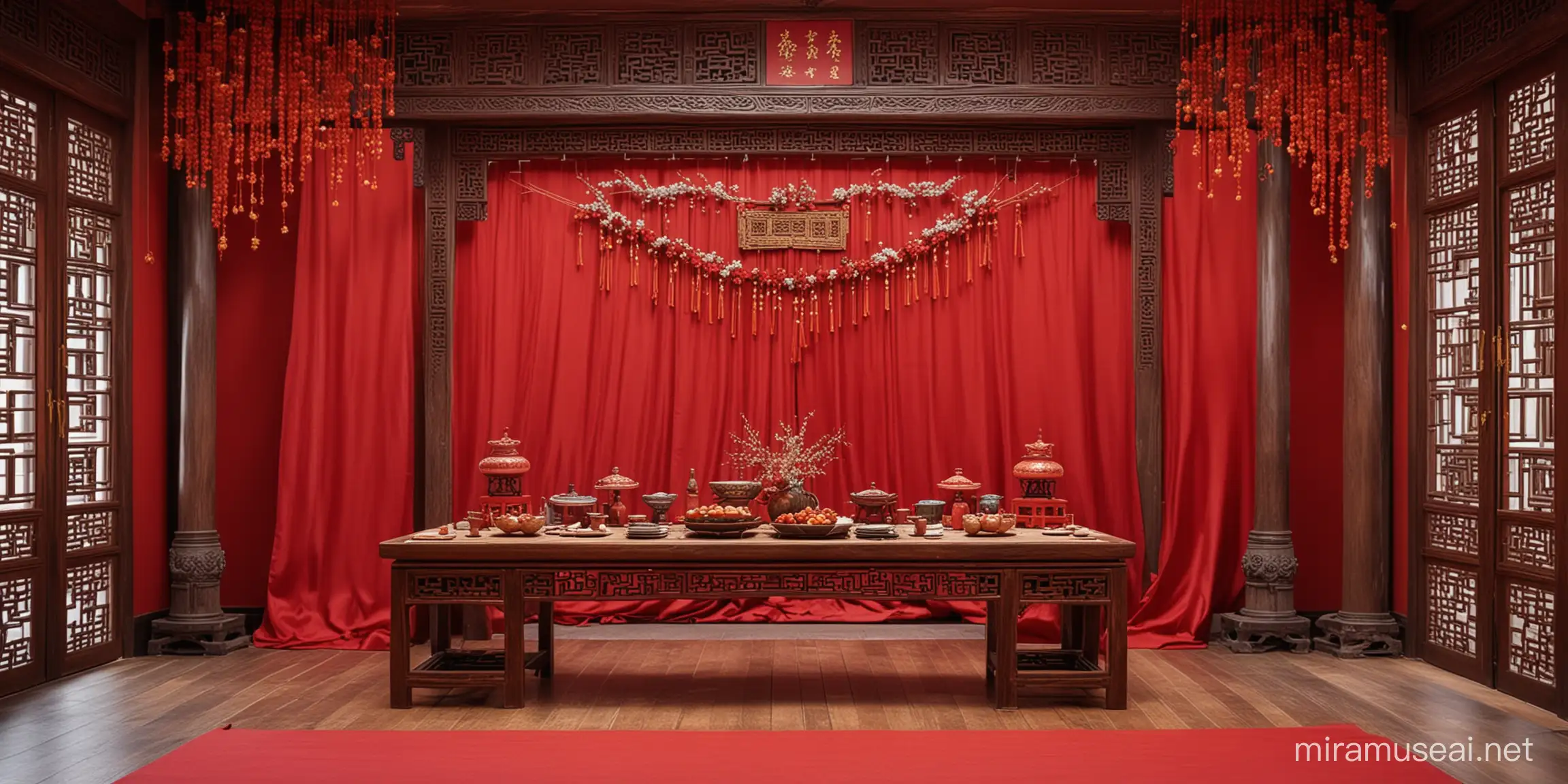  "ancient ancestral hall", "red backdrop", "traditional Chinese wedding", "one wooden table".Traditional chinese wediing decorations