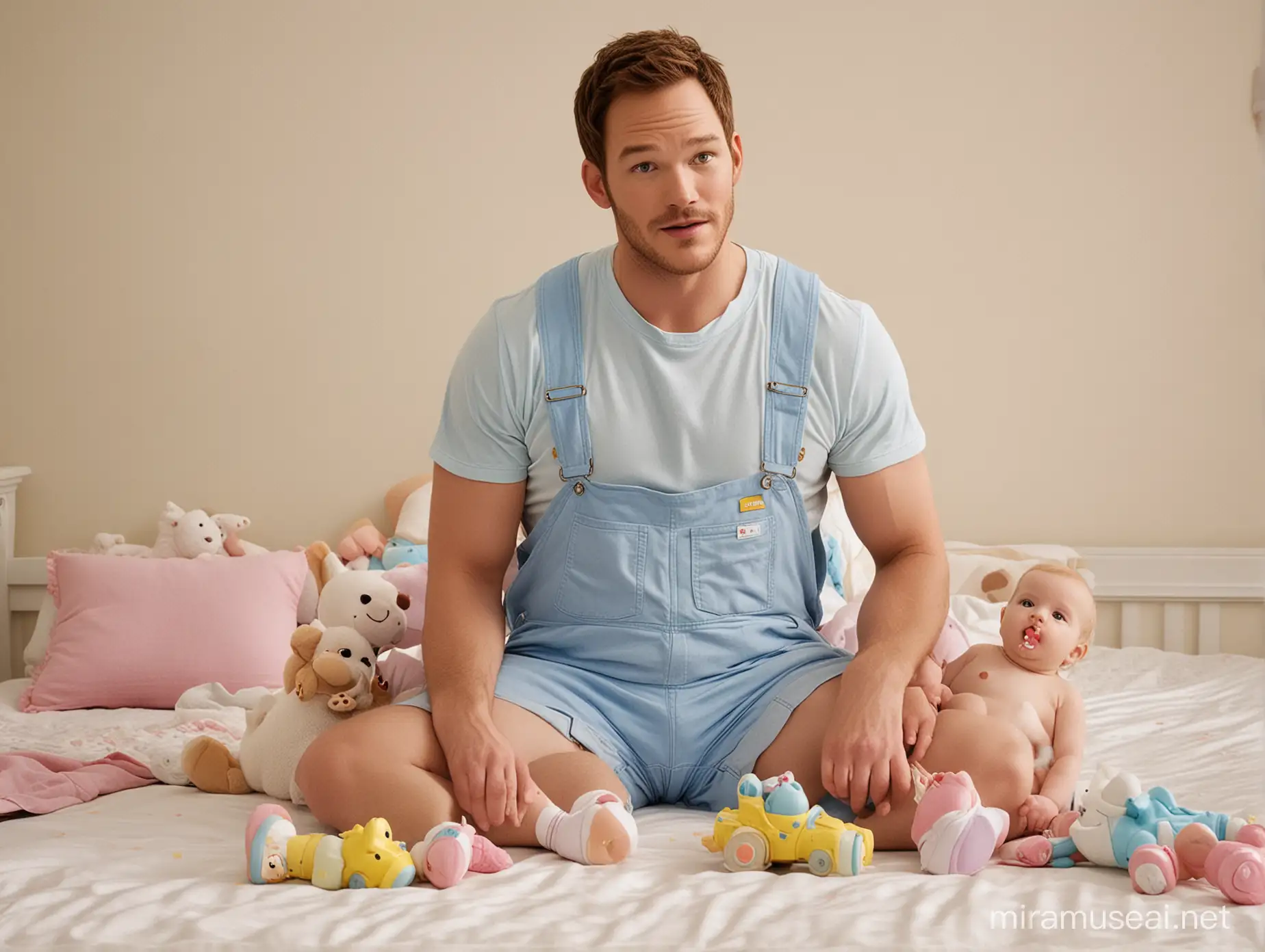 Chris Pratt as an adult baby. He's wearing diapers. He's wearing shortalls. He's sucking on a pacifier. He's playing with his toys in a giant nursery.