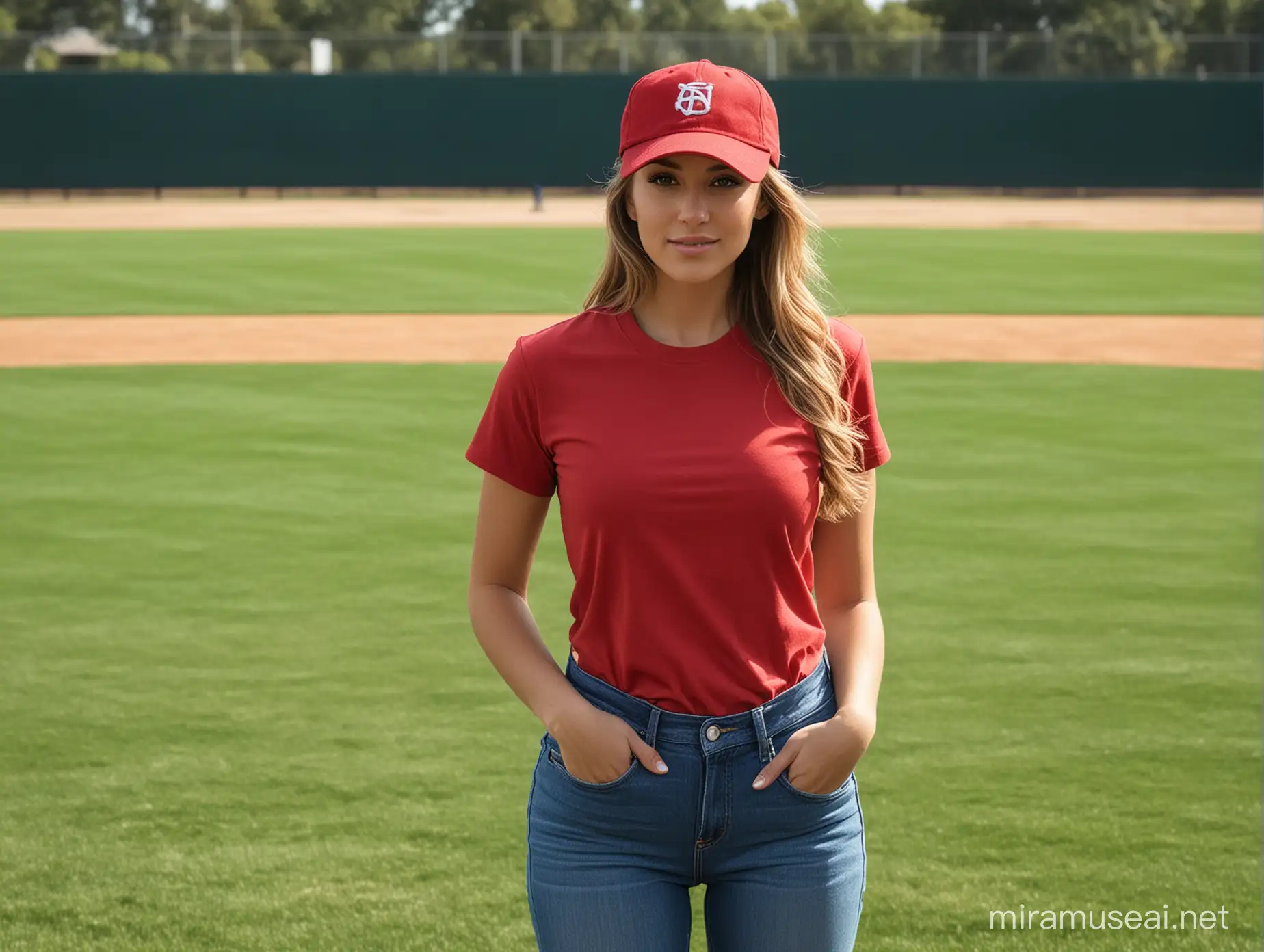 Create an image of a beautiful women wearing a blank red t shirt and a baseball cap and blue jeans. She is outside on the baseball field. 